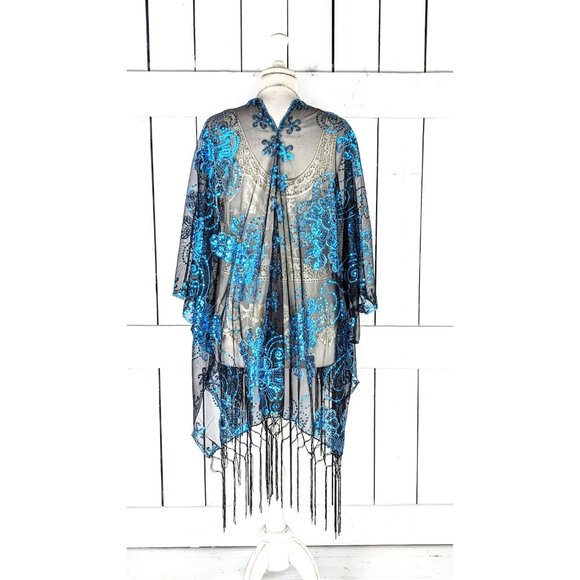 Blue black floral sequin sheer kimono cover up jacket - Picture 5 of 5